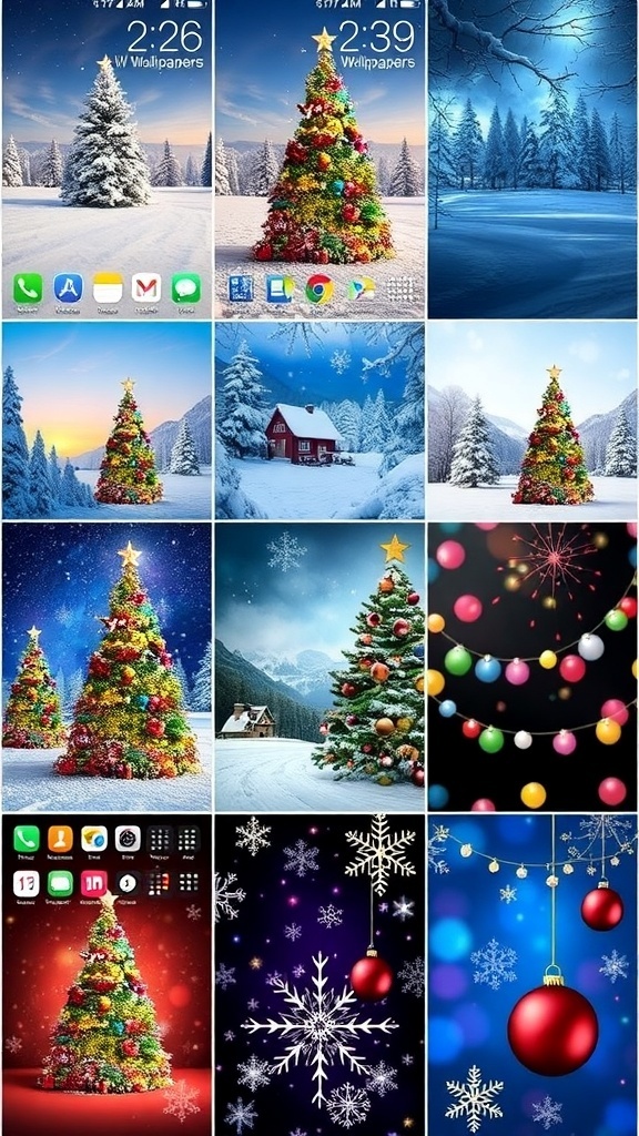 A selection of cheerful Christmas wallpapers for iPhone 6, including snowy scenes and festive decorations.